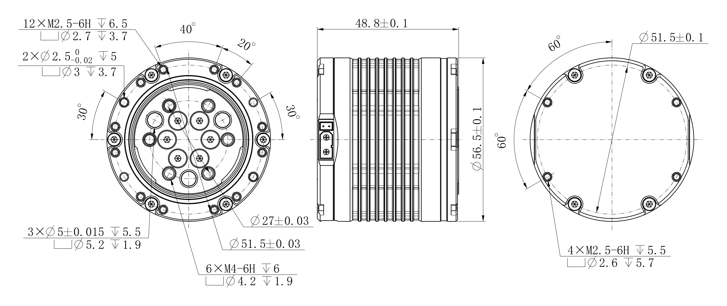 JM030 外形尺寸图,标注壳体直径 56.5 mm、高 48.8 mm、安装孔位与输出法兰尺寸