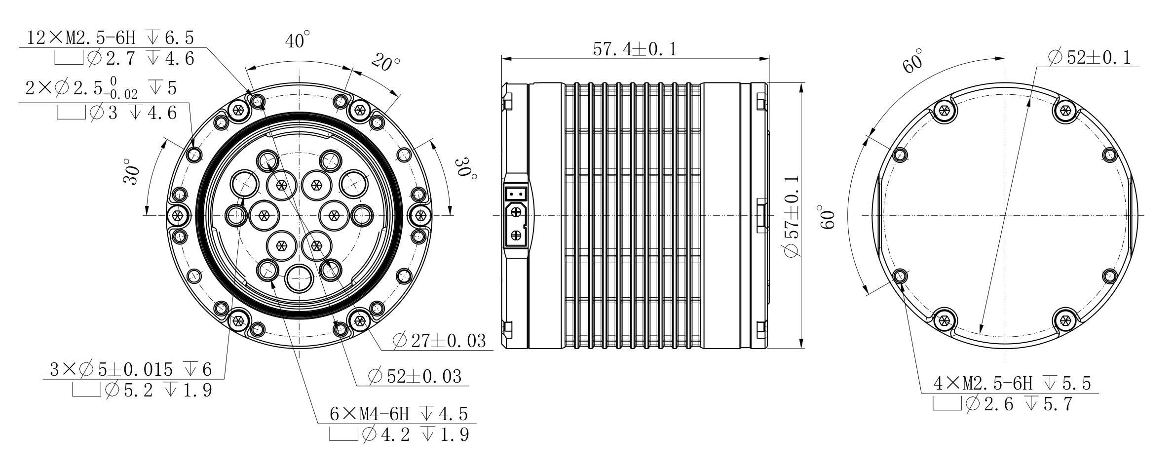 JM055 外形尺寸图,标注壳体直径 58 mm、高 57.4 mm、安装孔位与输出法兰尺寸