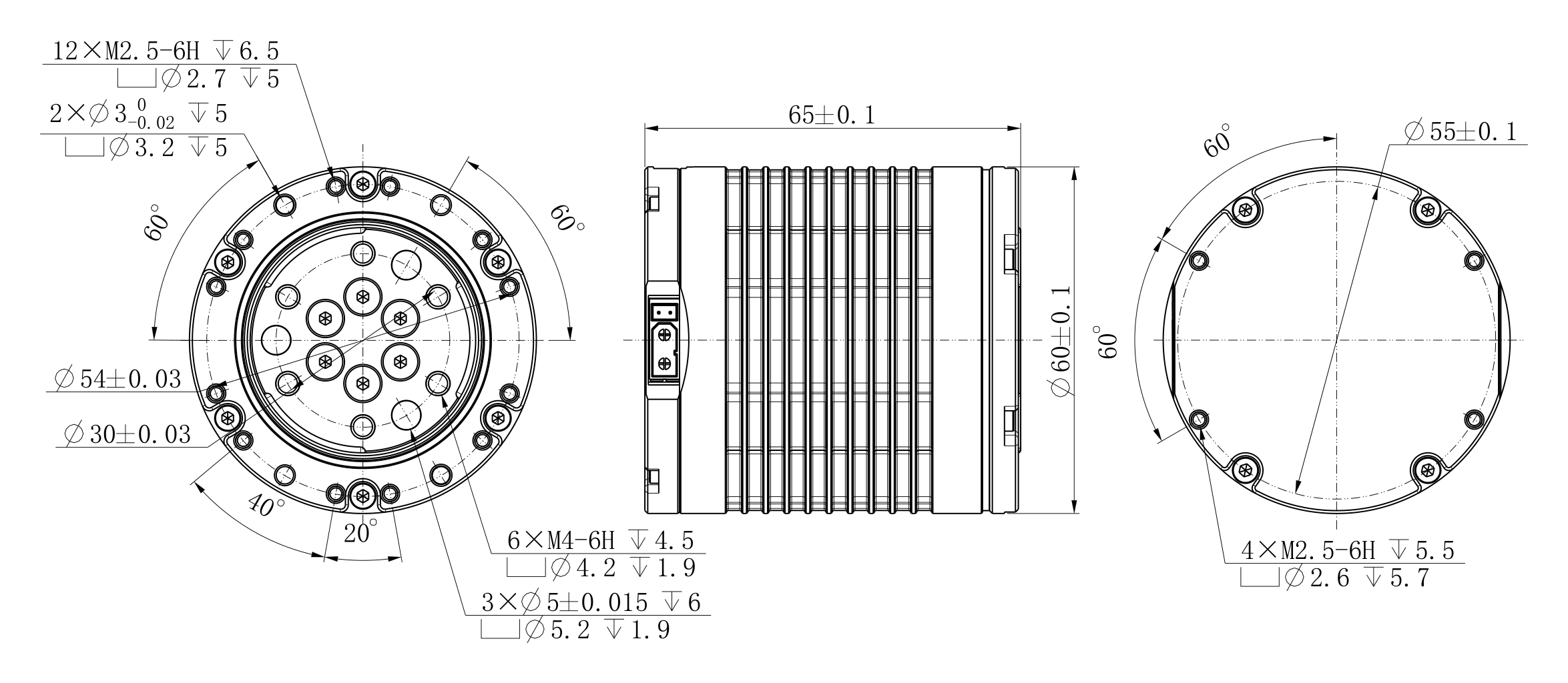 JM075 外形尺寸图,标注壳体直径 75 mm、高 80 mm、安装孔位与输出法兰尺寸