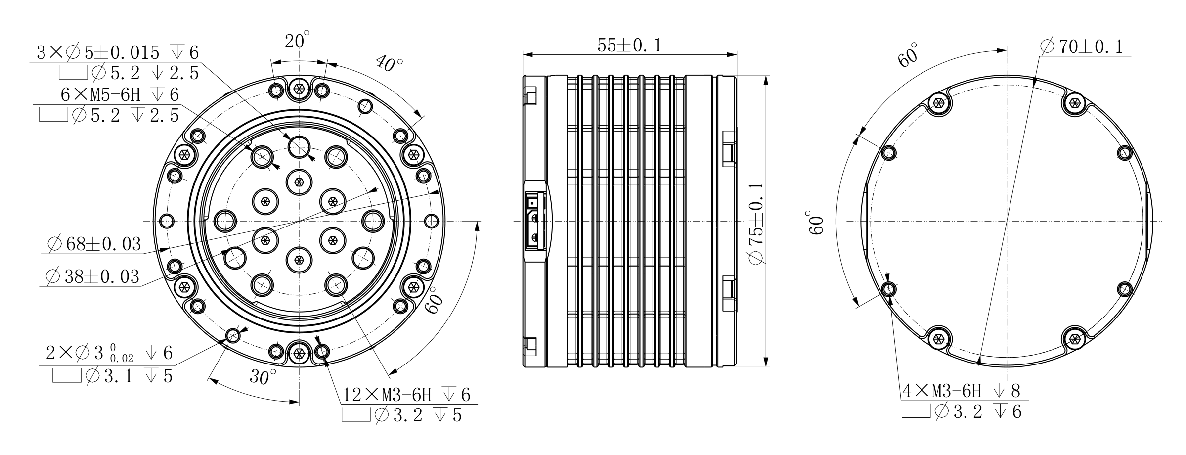 JM100 外形尺寸图,标注壳体直径 70 mm、高 60 mm、安装孔位与输出法兰尺寸