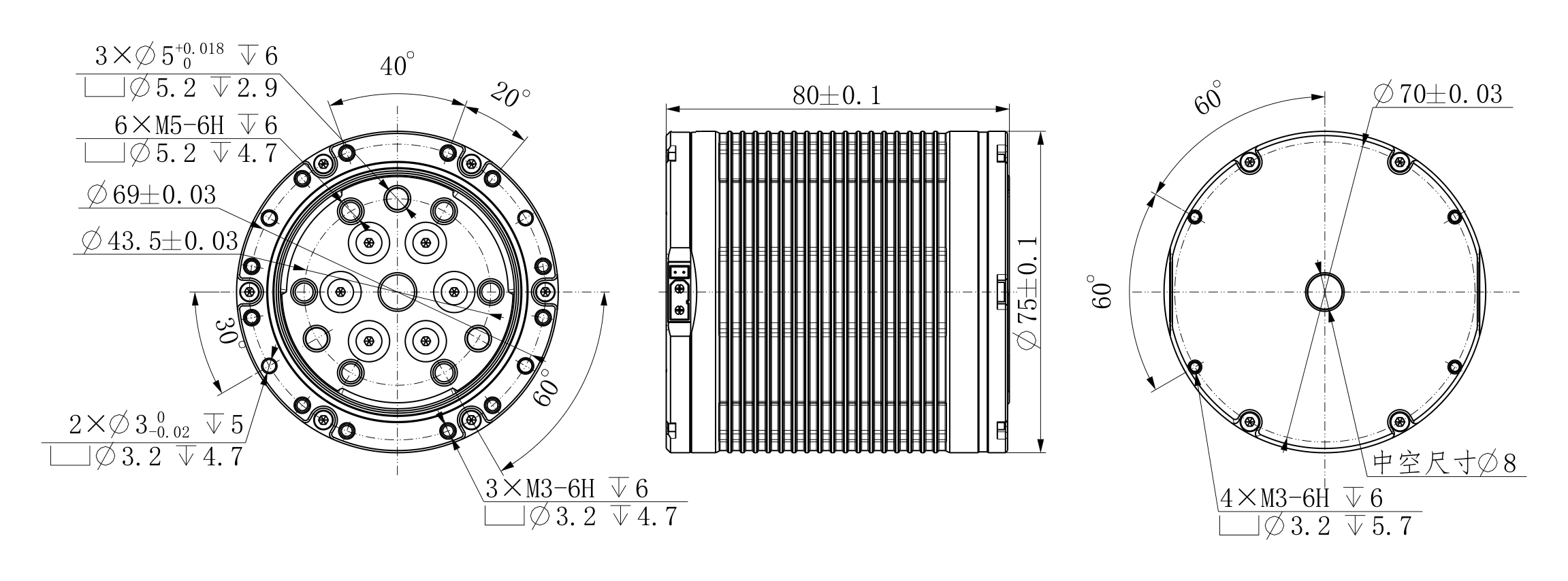 JM150 外形尺寸图,标注壳体直径 75 mm、高 90 mm、安装孔位与输出法兰尺寸