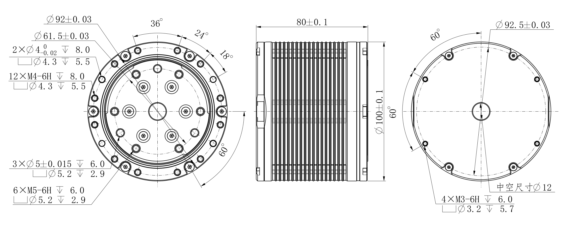 XQ-JM500 外形尺寸图,标注壳体直径 100 mm、高 80 mm、安装孔位与输出法兰尺寸